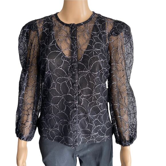 LINI Black Lace Button Up Blouse Size M - Picture 2 of 10